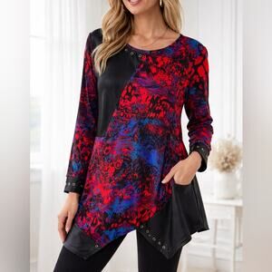 Calessa Asymmetrical Tunic Top Large Red Blue Abstract Faux Leather Hem Grommets